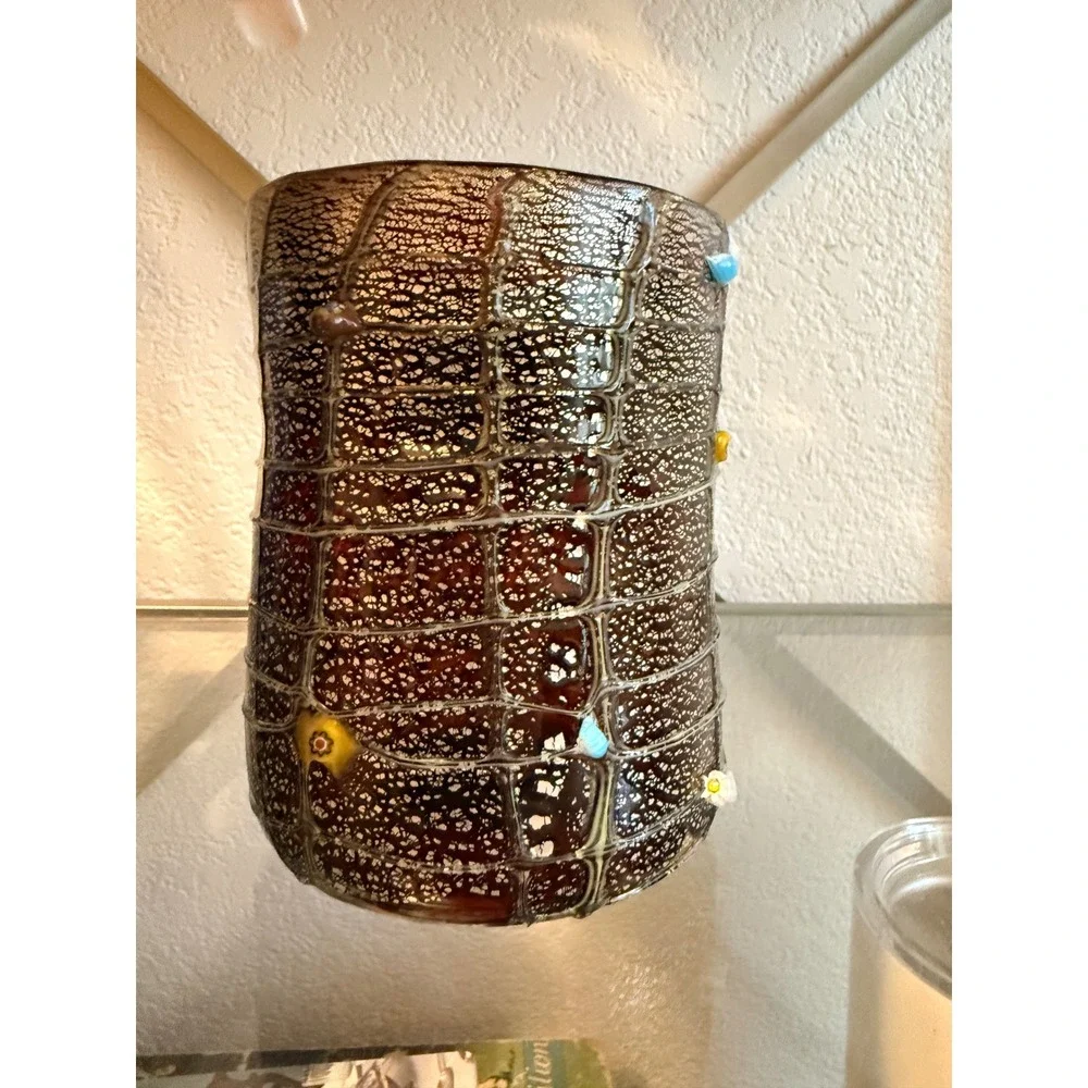 Artisan Hand Blown Milano silver Crackle Glass Vase Millefiori Floral Accents‎